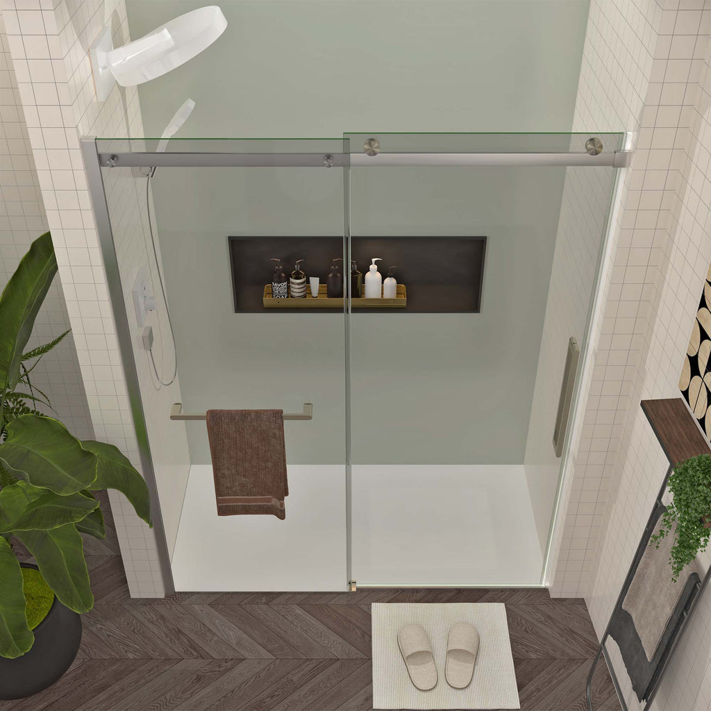Frameless Sliding Shower Door, 56-60 Inch Width, 76 Inch Height, Brushed Nickel