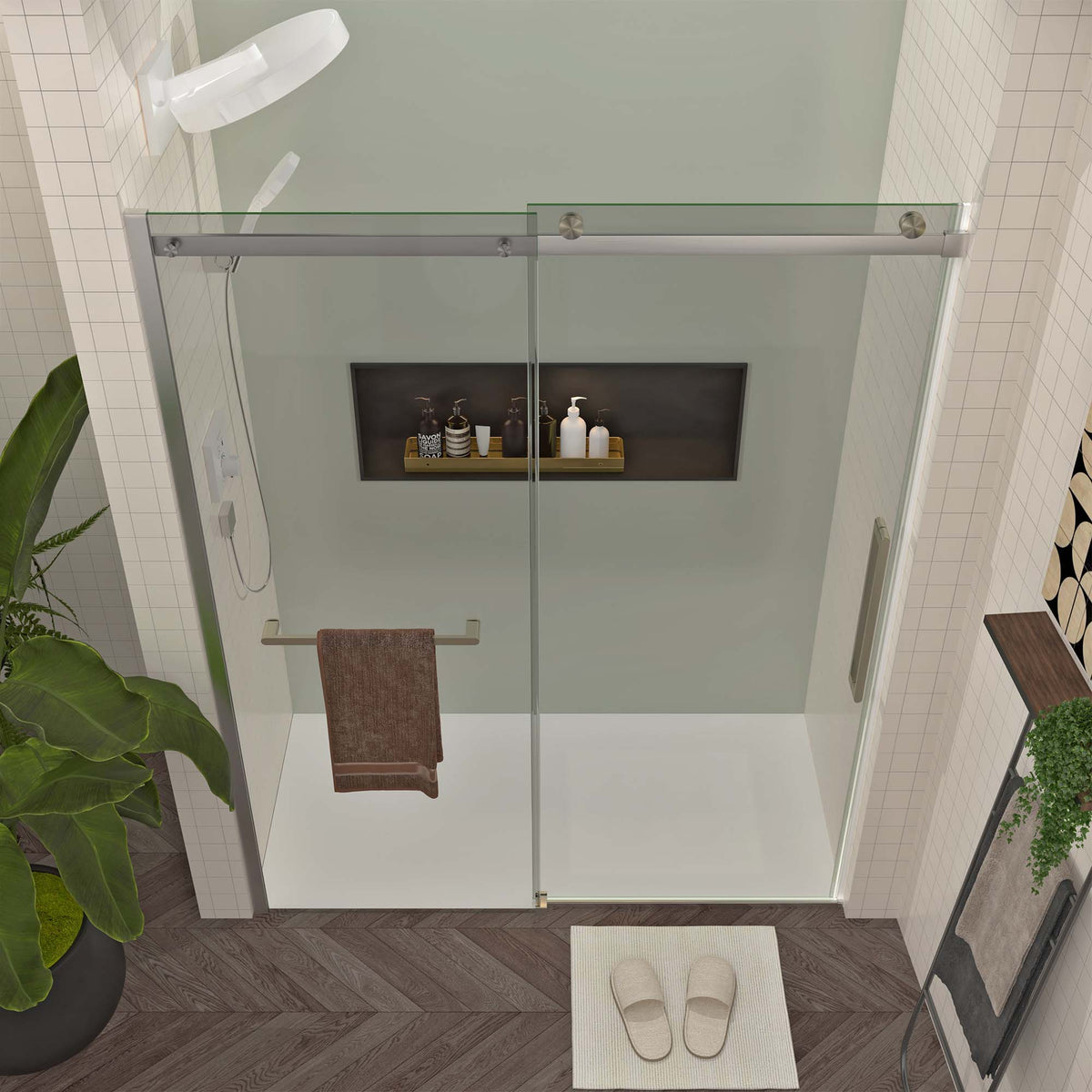 Frameless Sliding Shower Door, 56-60 Inch Width, 76 Inch Height, Brushed Nickel