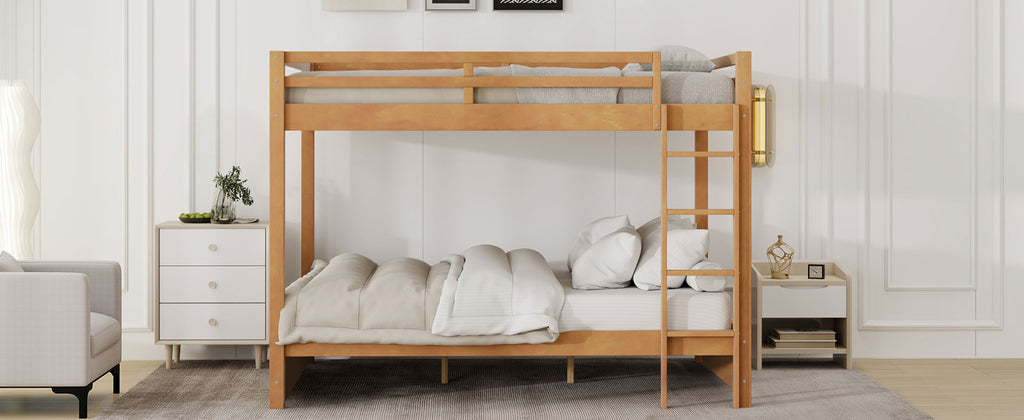 Wood Queen Size Bunk Bed with Ladder, Wood Color