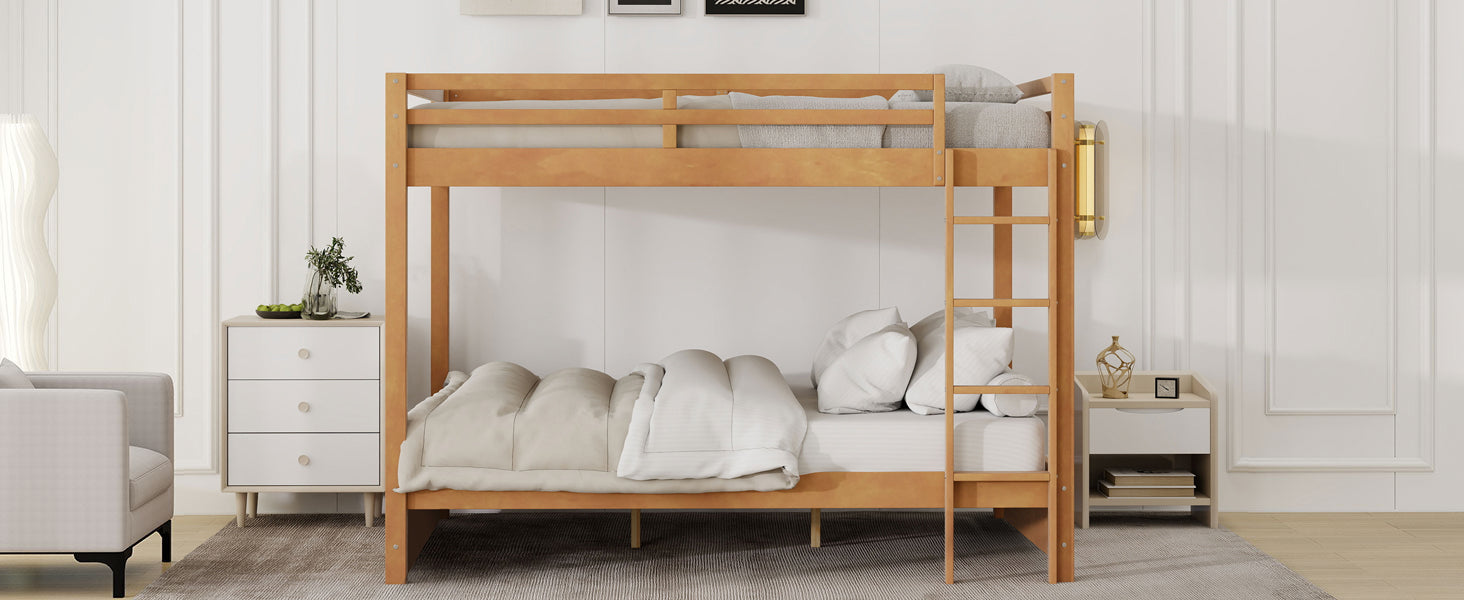 Wood Queen Size Bunk Bed with Ladder, Wood Color