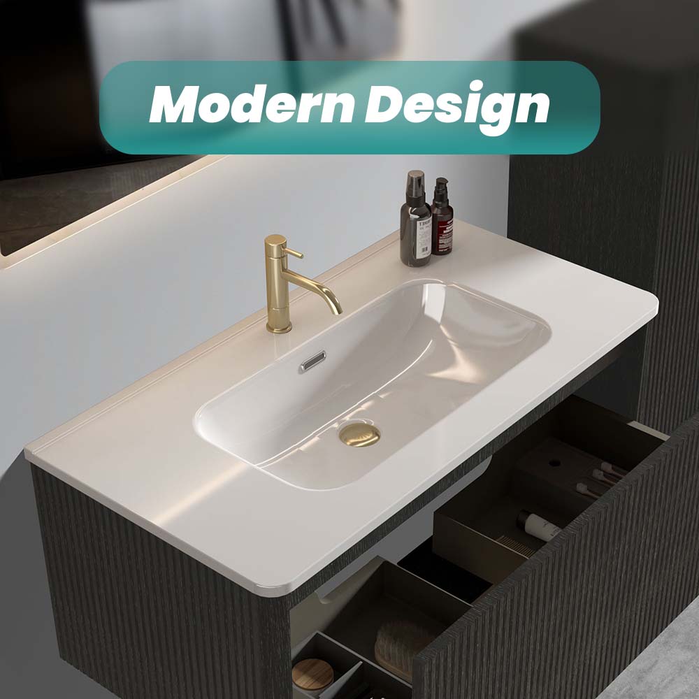 Integrated Ceramic Bathroom Sink, 35.8-Inch, Gloss White