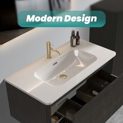 Integrated Ceramic Bathroom Sink, 35.8-Inch, Gloss White