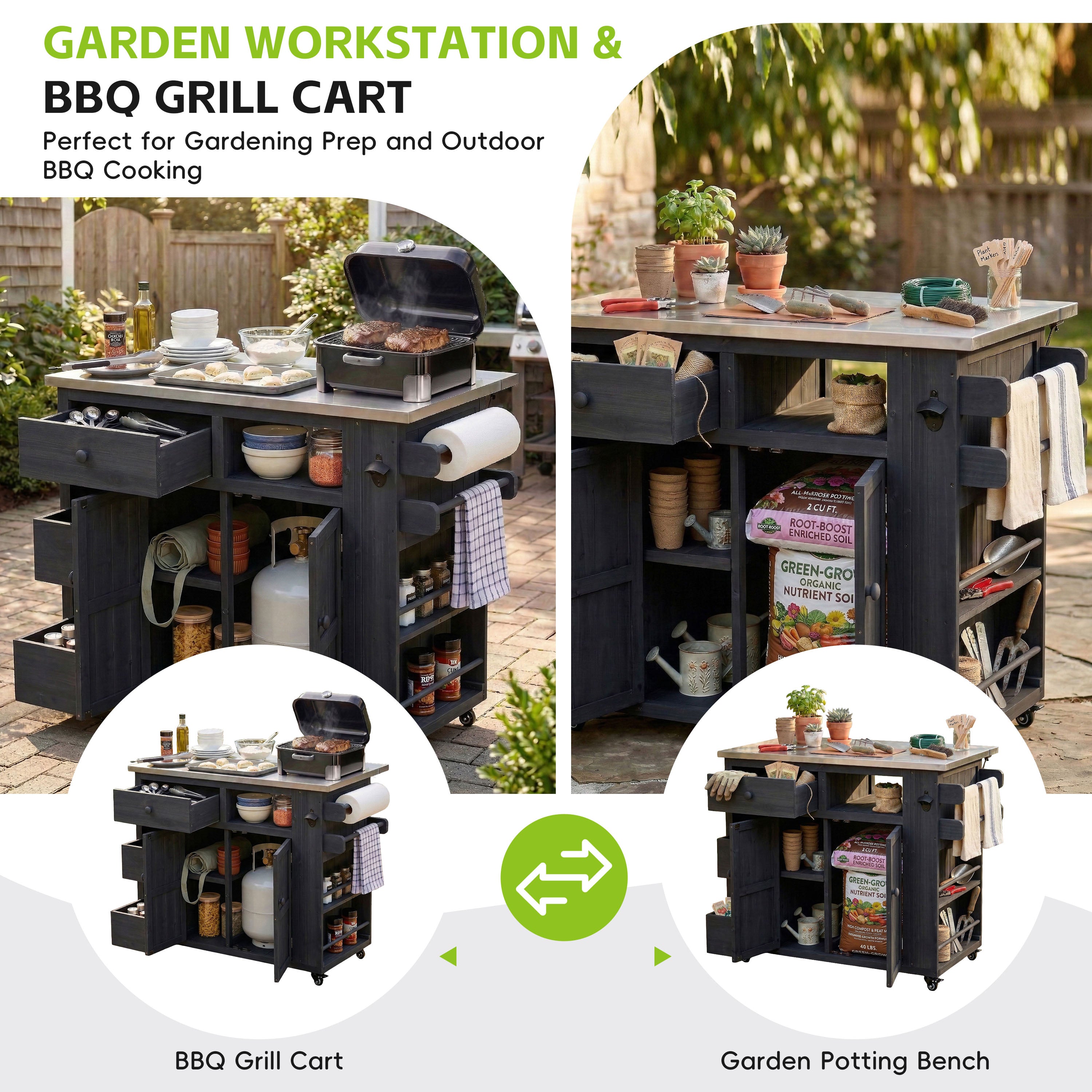 TOPMAX Outdoor Solid Wood Extendable Kitchen Island