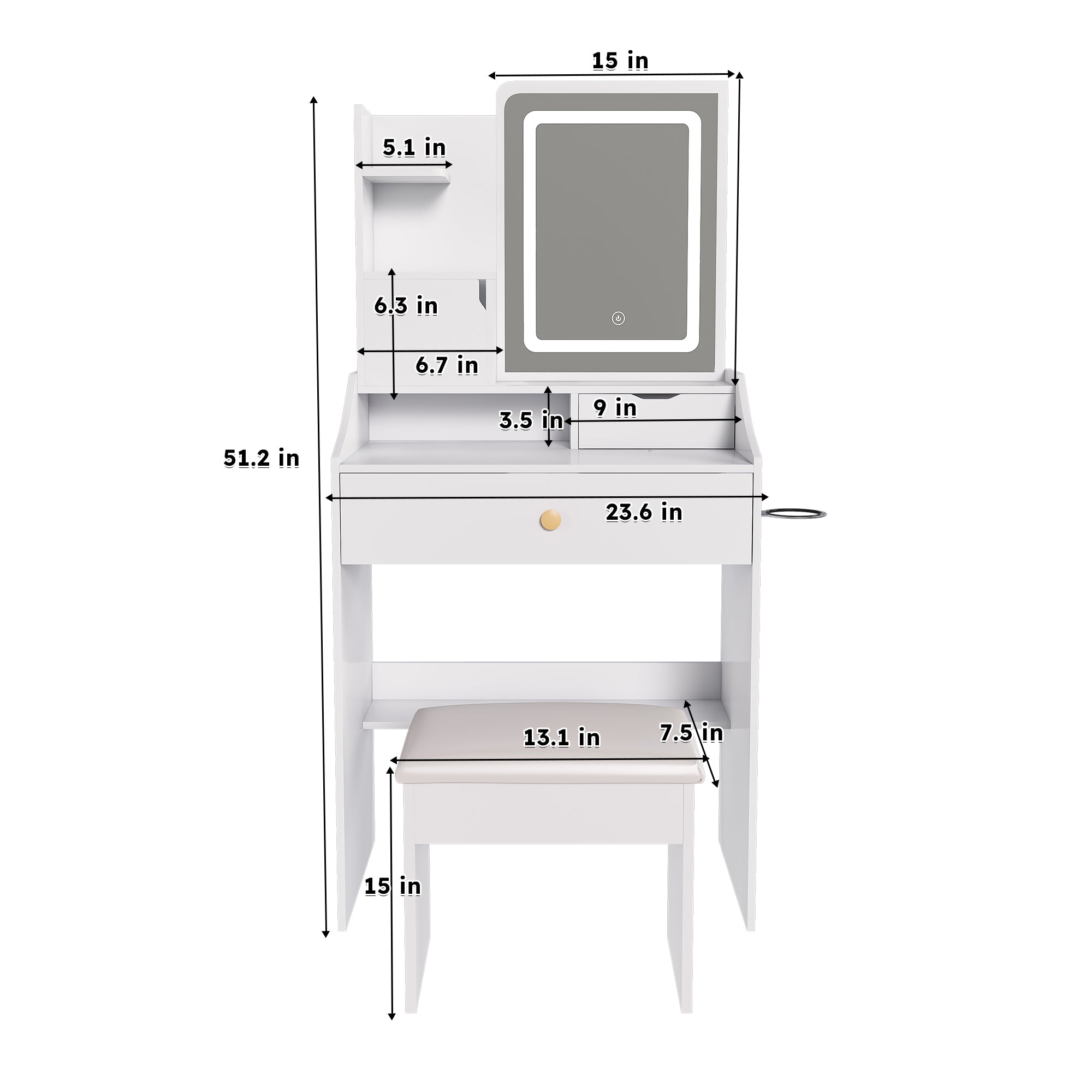3-Color LED Vanity Mirror with Stool, Dressing Table for Bedroom