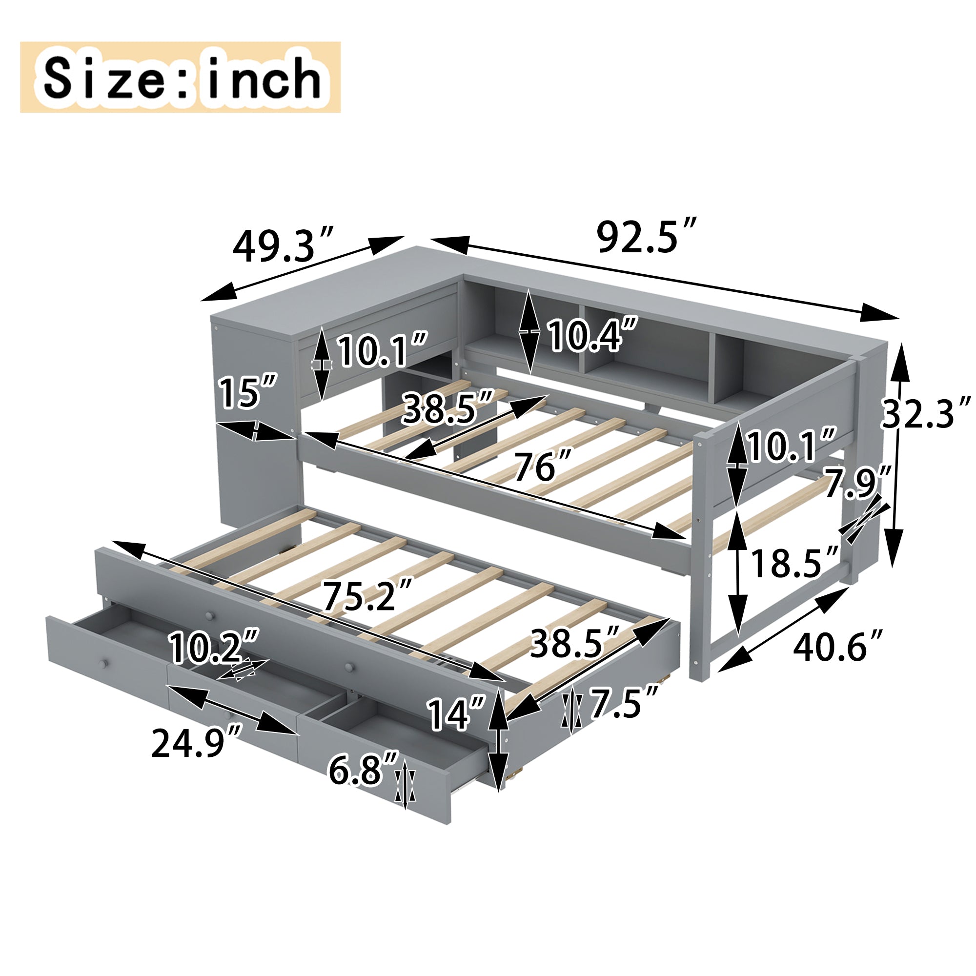 Twin Size Daybed with Trundle, Wood Frame and Storage