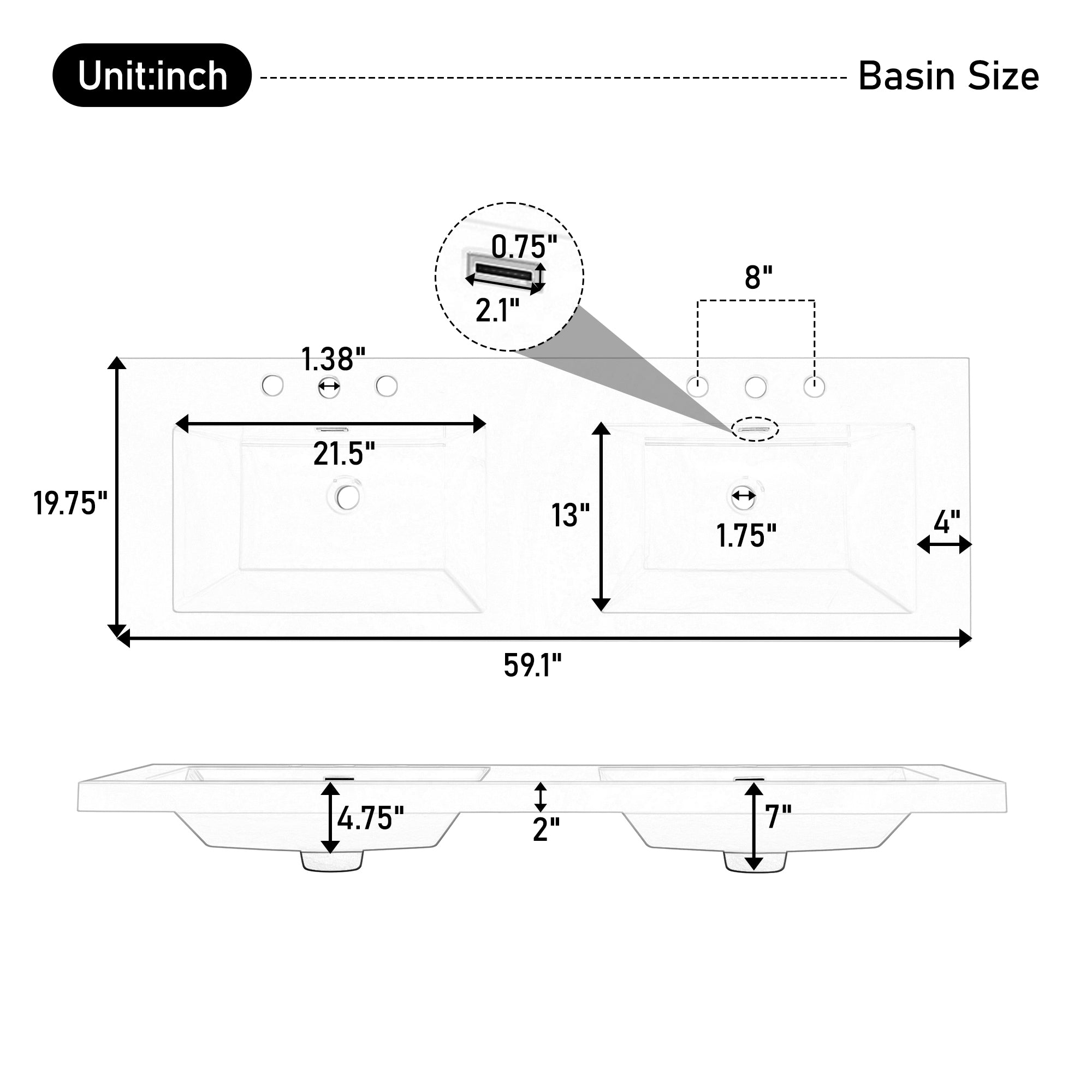 60" Resin Basin for Bathroom Vanity