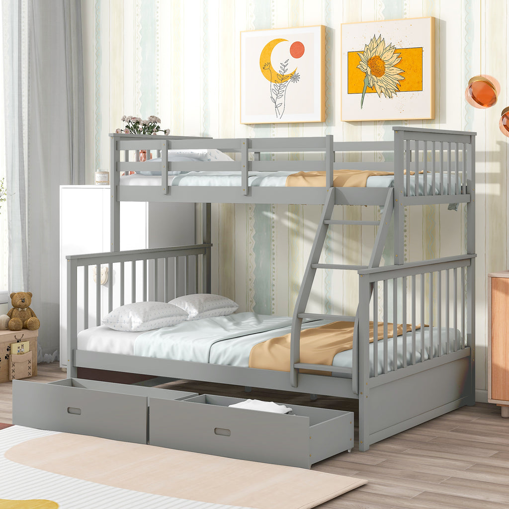 Twin Over Full Bunk Bed with Storage Drawers – Gray