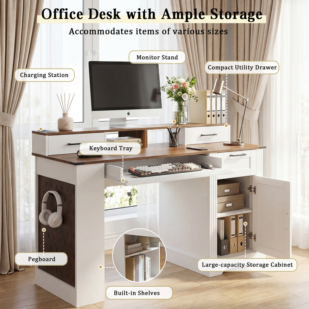 55" Farmhouse Office Desk with Storage Cabinet