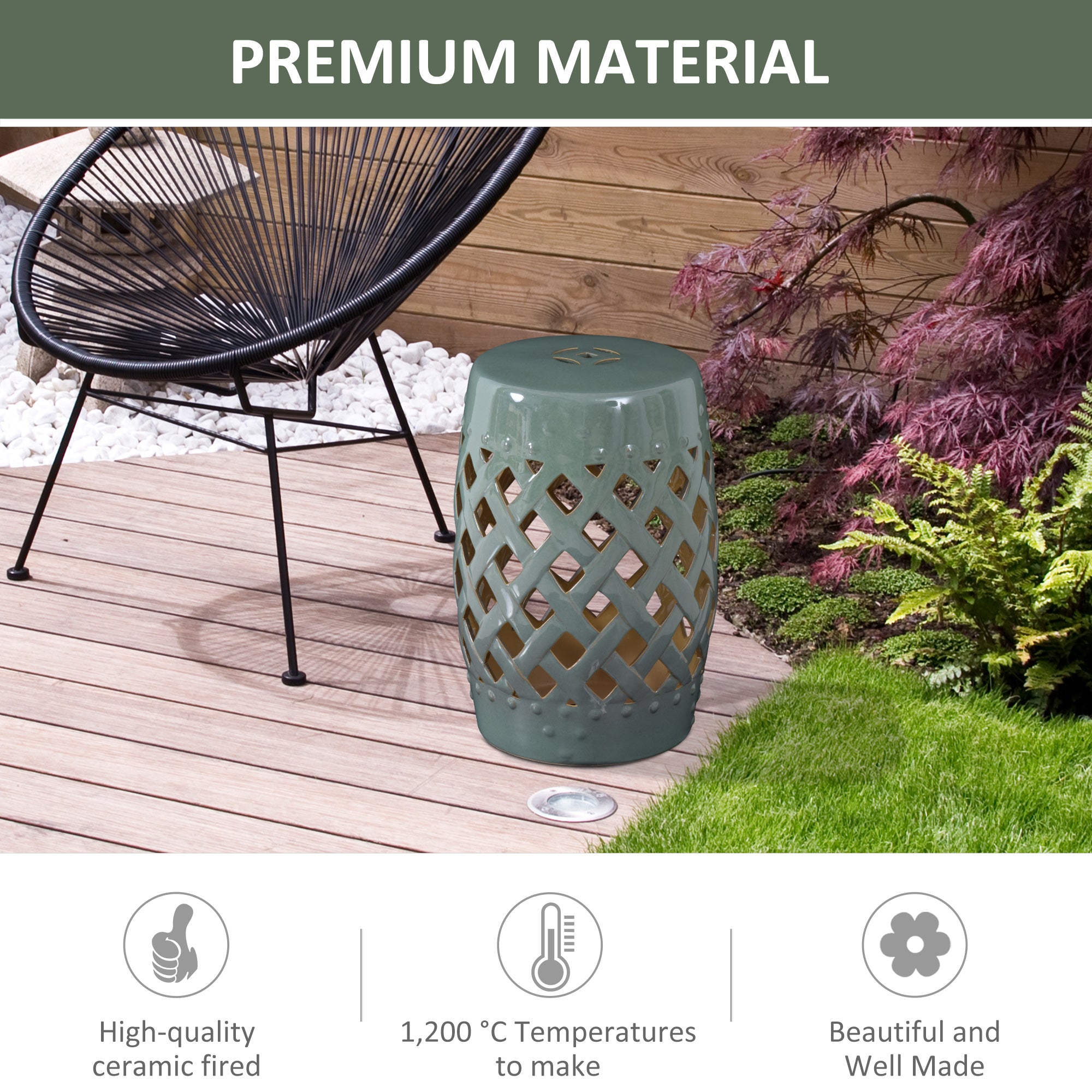 Outsunny 13" x 18" Ceramic Garden Stool with Woven Lattice Design