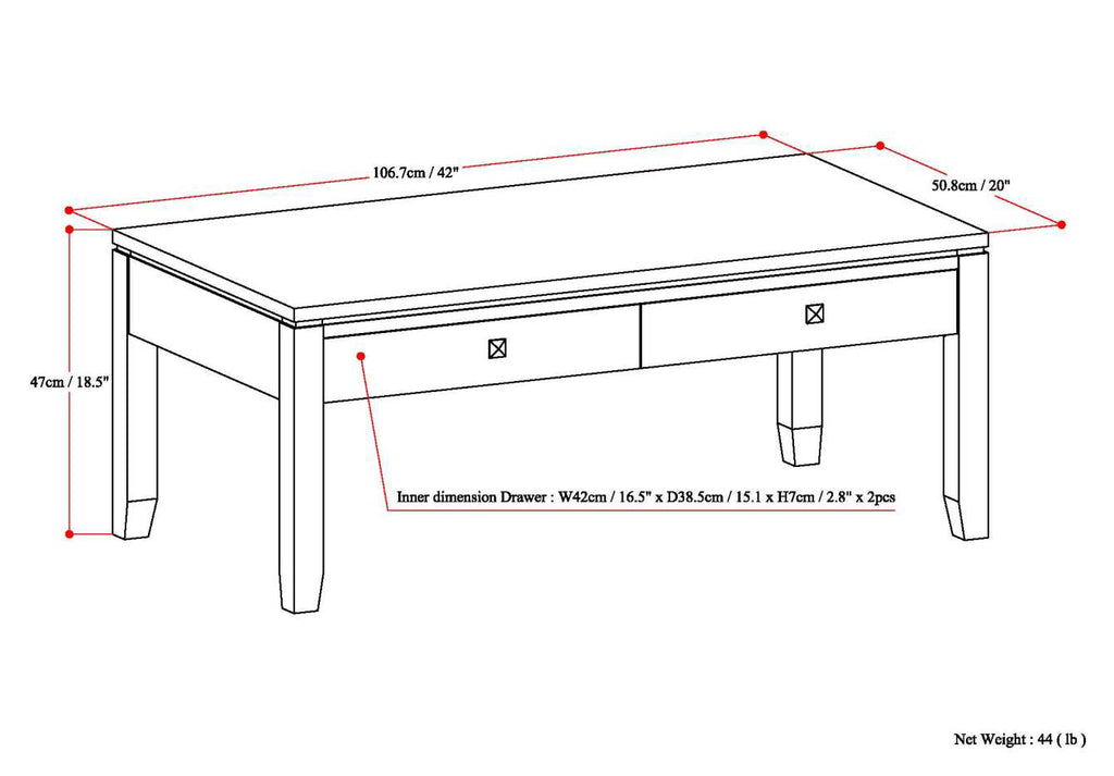 Cosmopolitan 42 Inch Wide Solid Wood Coffee Table in Mahogany