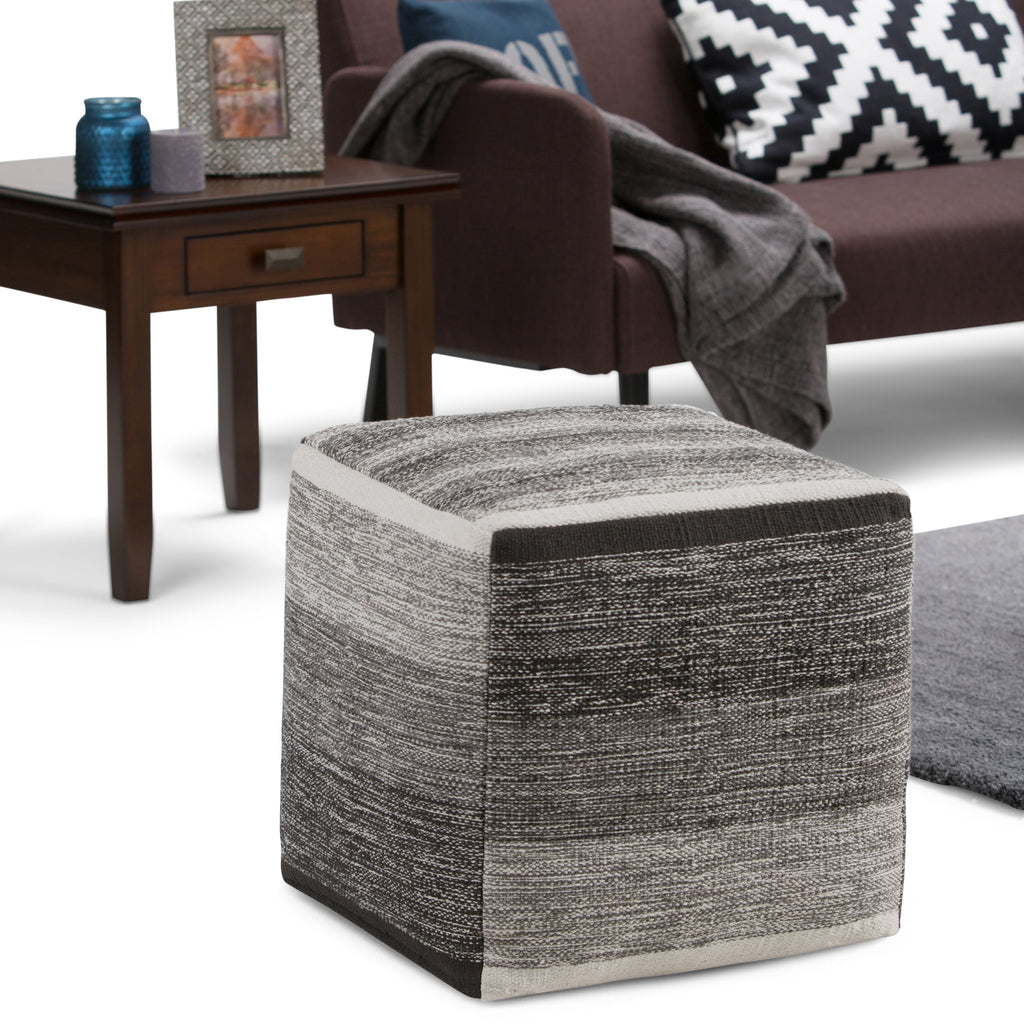 Naya 16 Inch Wide Cube Pouf in Black/Grey Handwoven Cotton