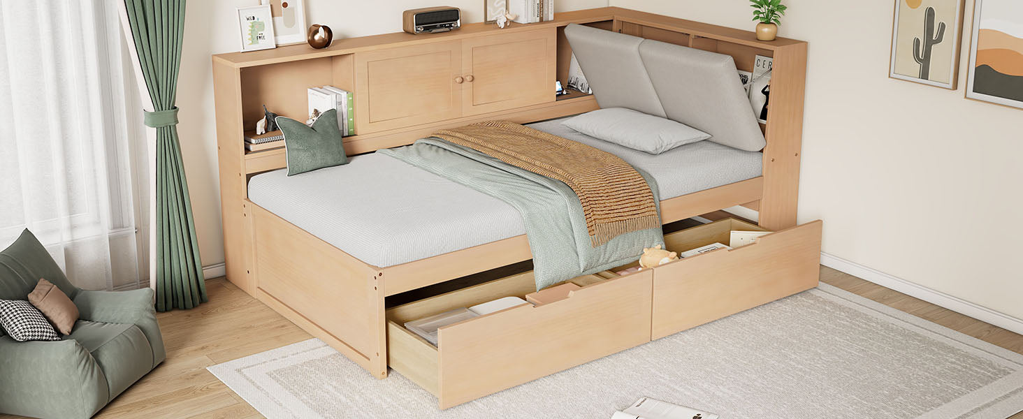 Wooden Twin Size L-shaped Daybed with Storage Bookcase