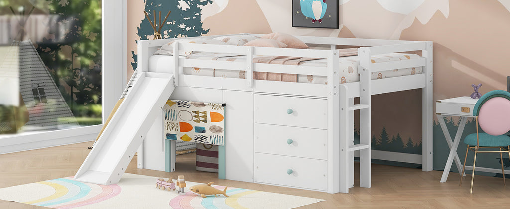 Full Size Low Loft Bed with Slide and Storage Drawers