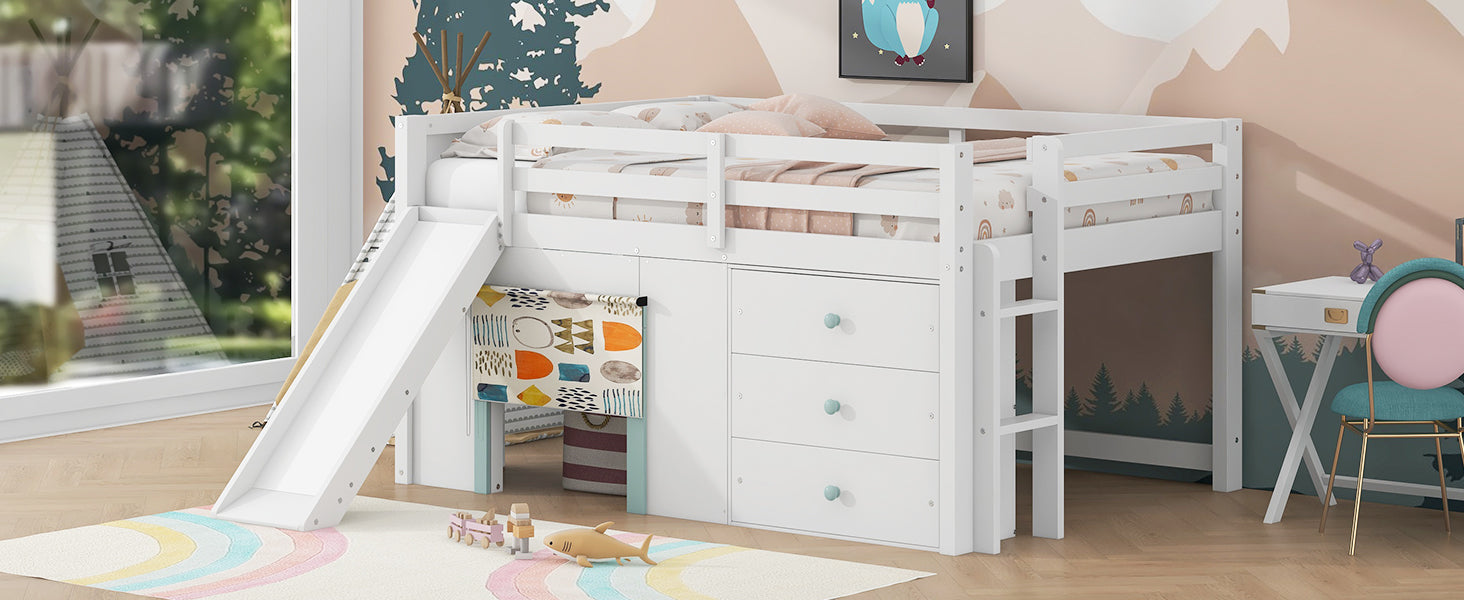 Full Size Low Loft Bed with Slide and Storage Drawers