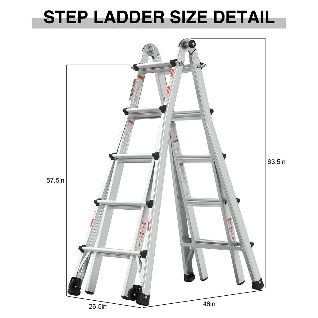 Aluminum Multi-Position Ladder with Wheels, 22 FT, 300 lbs Capacity