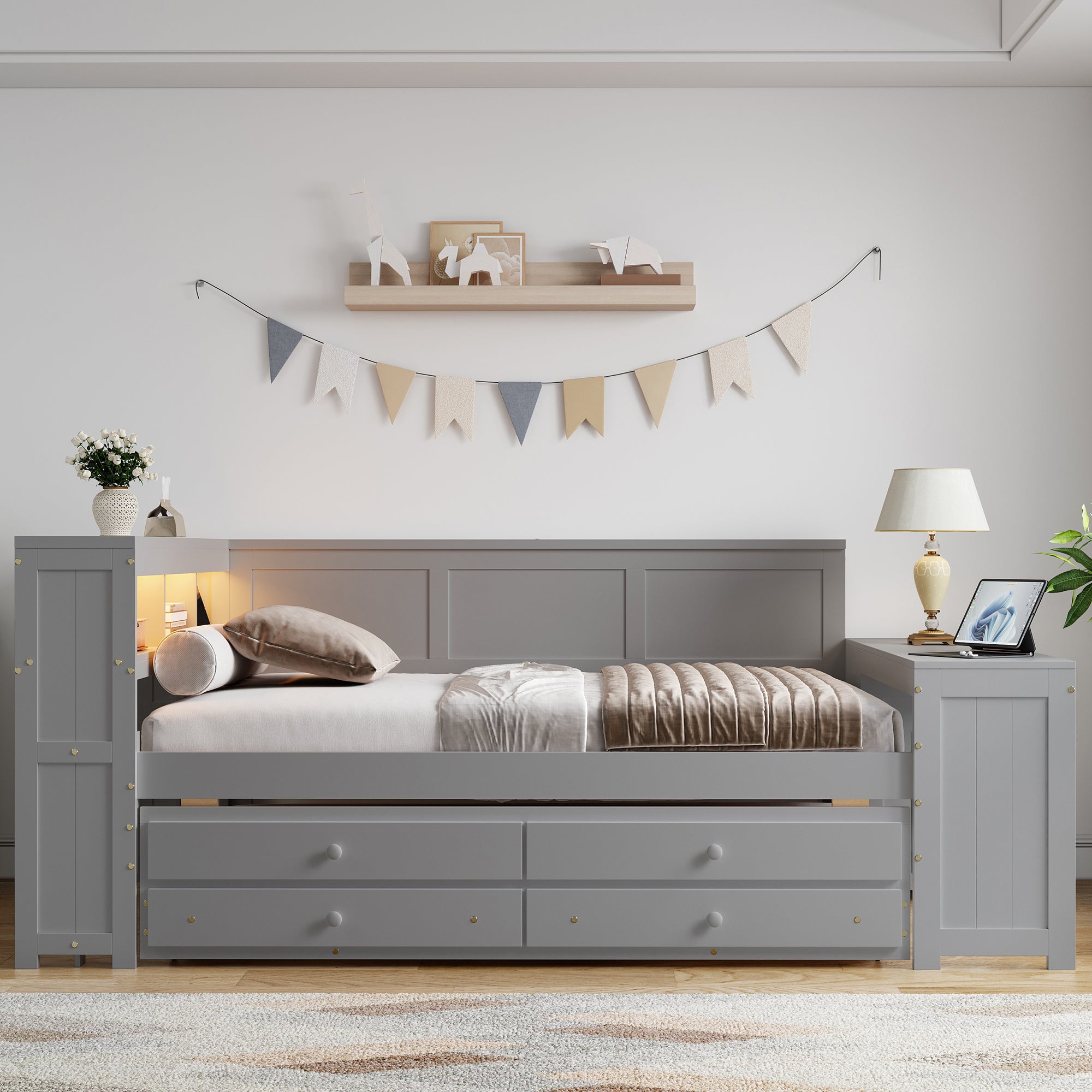 Full Size Daybed with Storage Shelves, Drawers, and Trundle