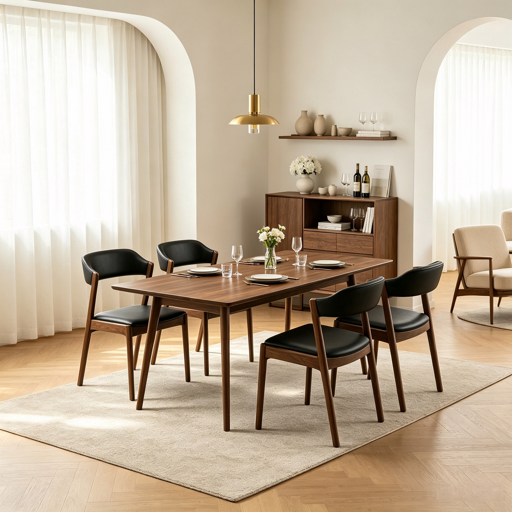 Modern Solid Wood Dining Table Set for 4, Walnut-Brown, Mid-Century