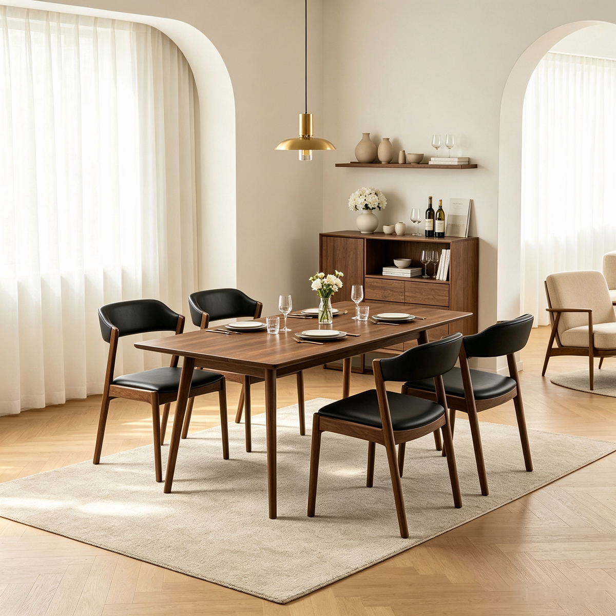 Modern Solid Wood Dining Table Set for 4, Walnut-Brown, Mid-Century