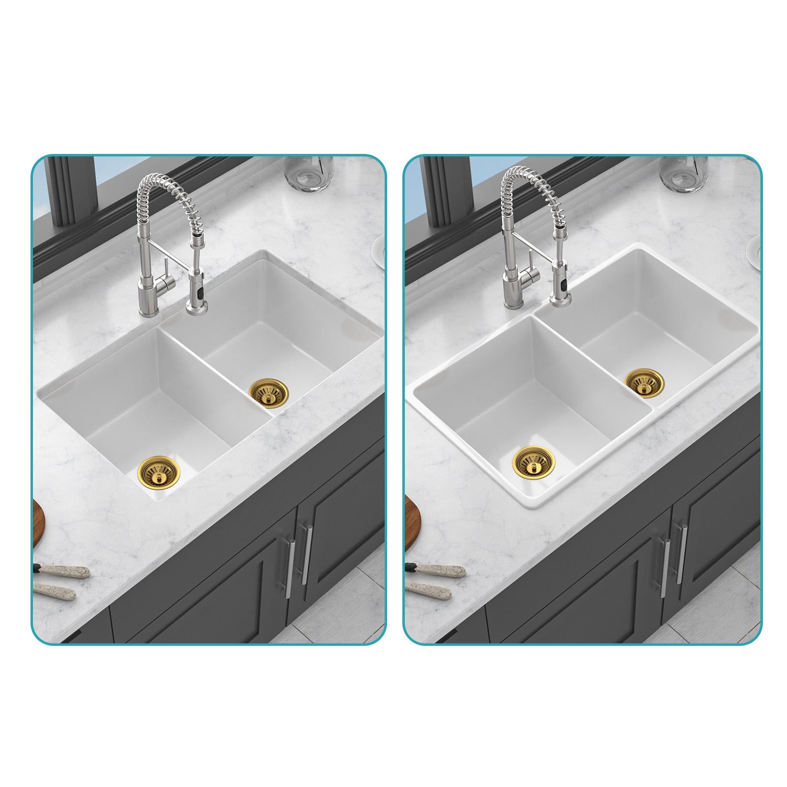 32"x19"x10" Undermount Double Bowl Porcelain Fireclay Kitchen Sink