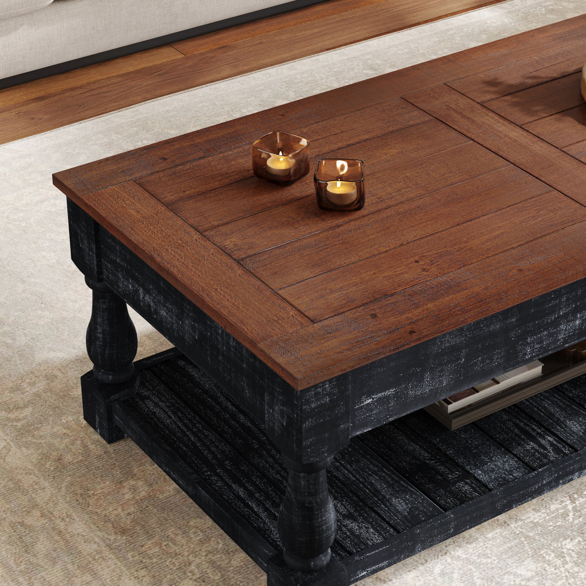 Retro Lift-Top Coffee Table with Hidden Storage and Lower Shelf, Antique Black