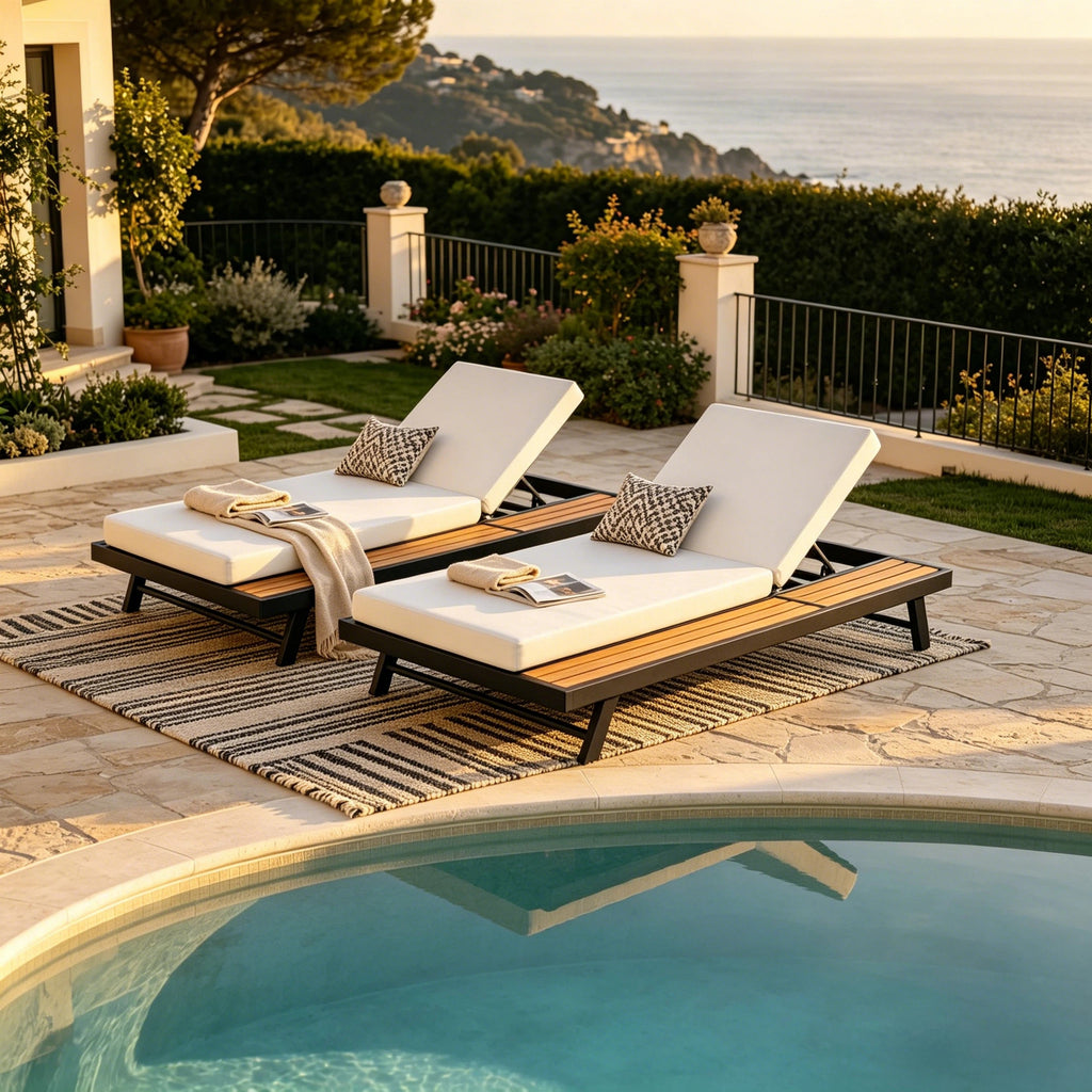Black Iron + Teak Finish Chaise Lounge Set