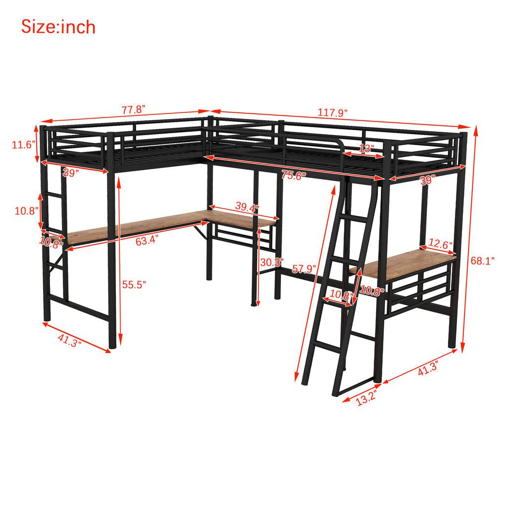 Twin Size Metal Loft Bed with Two Built-in Desks