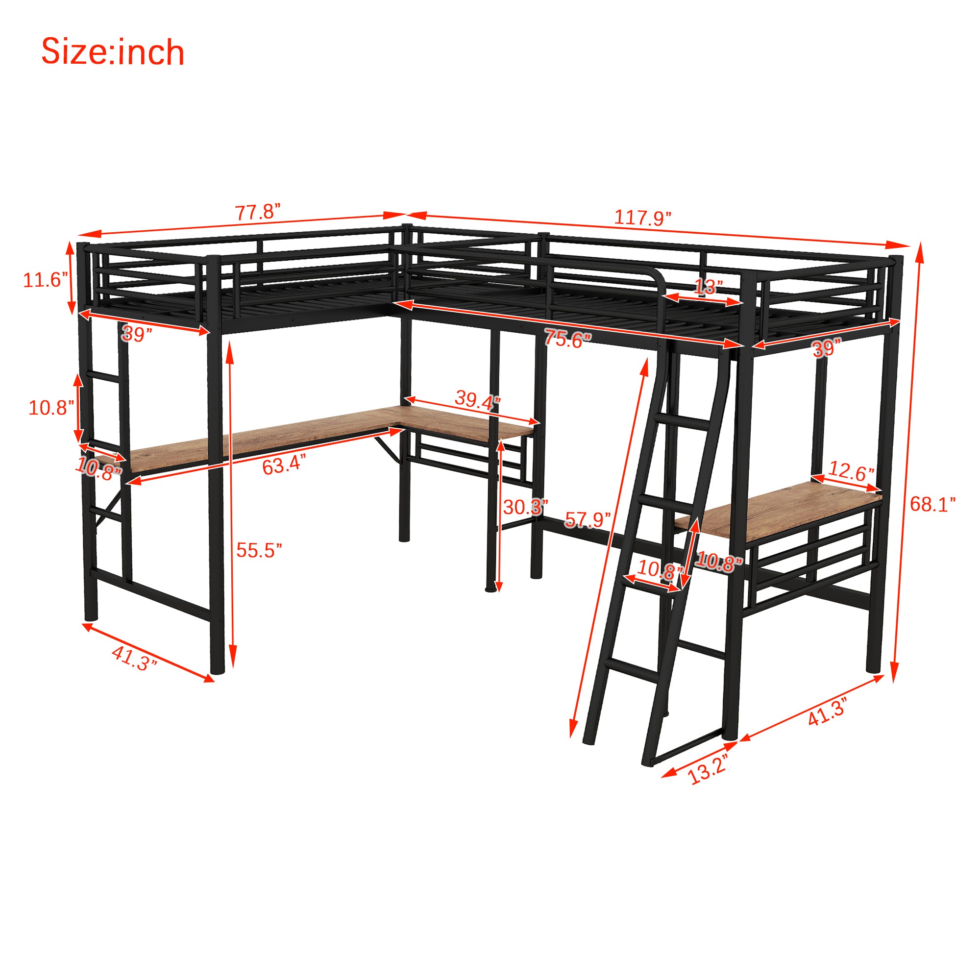 Twin Size Metal Loft Bed with Two Built-in Desks