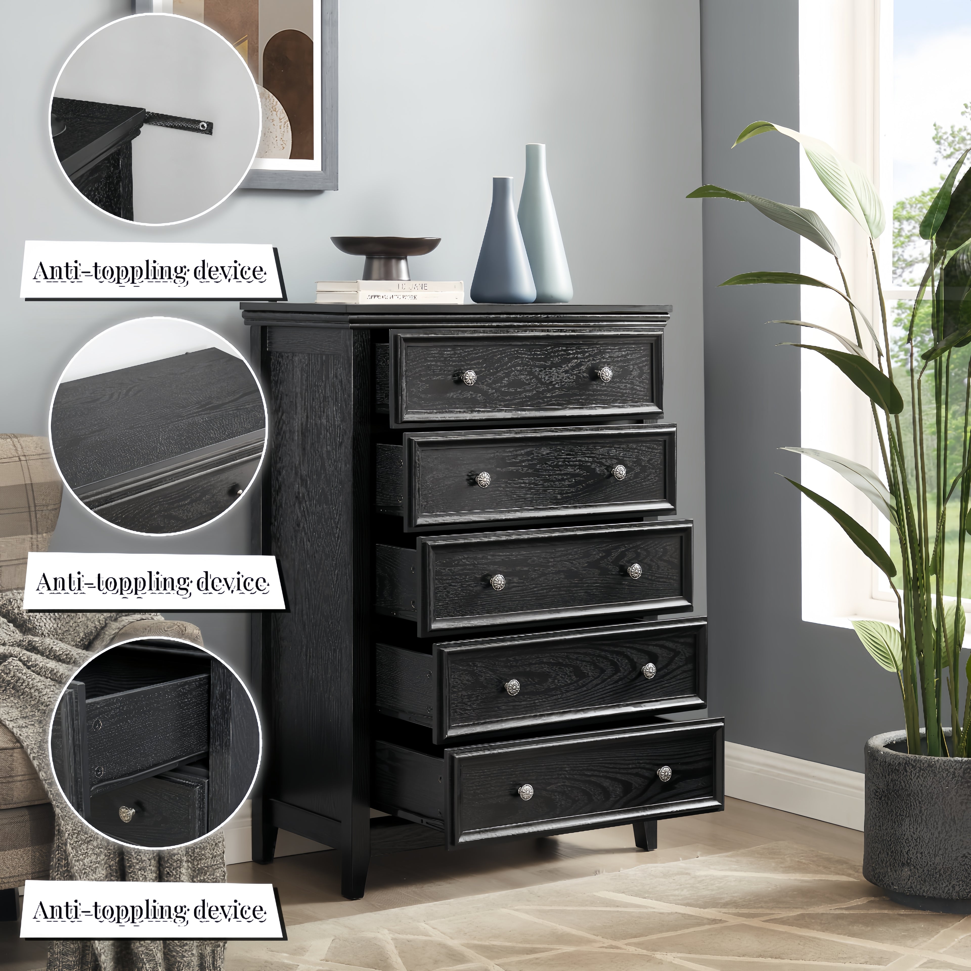 Modern 5-Drawer Dresser with Storage Cabinet