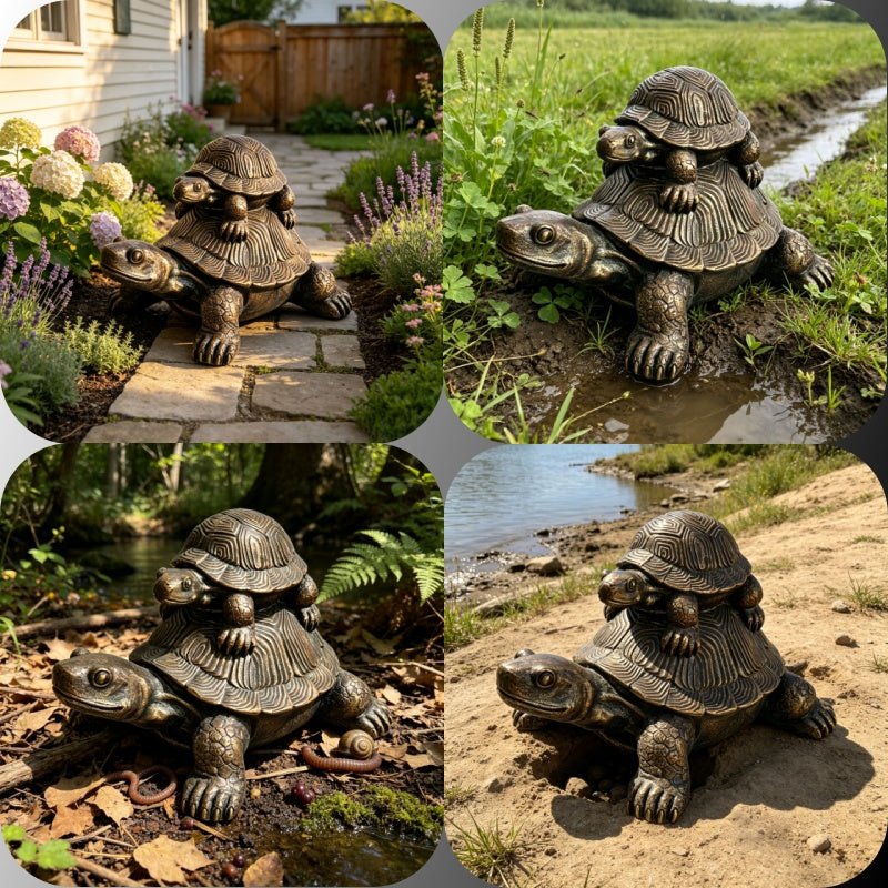 19'' Vintage Bronze Stacked Turtle Statue Resin Mother Baby Tortoise Sculpture Rustic Farmhouse Table Shelf Entryway Indoor Decor Weatherproof Garden Lawn Patio Figurine Gift for Nature Lover