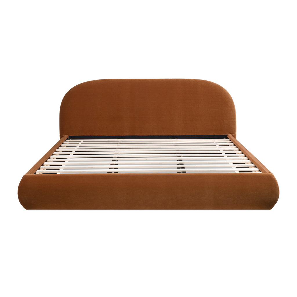 Archie Puffy Grounded Upholstered Platform Bed, King, Burnt