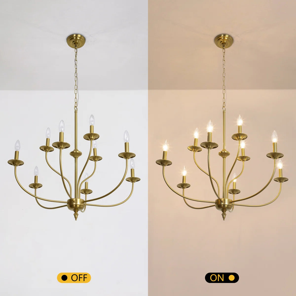9-Light Dimmable Metal Two-Tier Candle Style Chandelier, Gold, 31-Inch