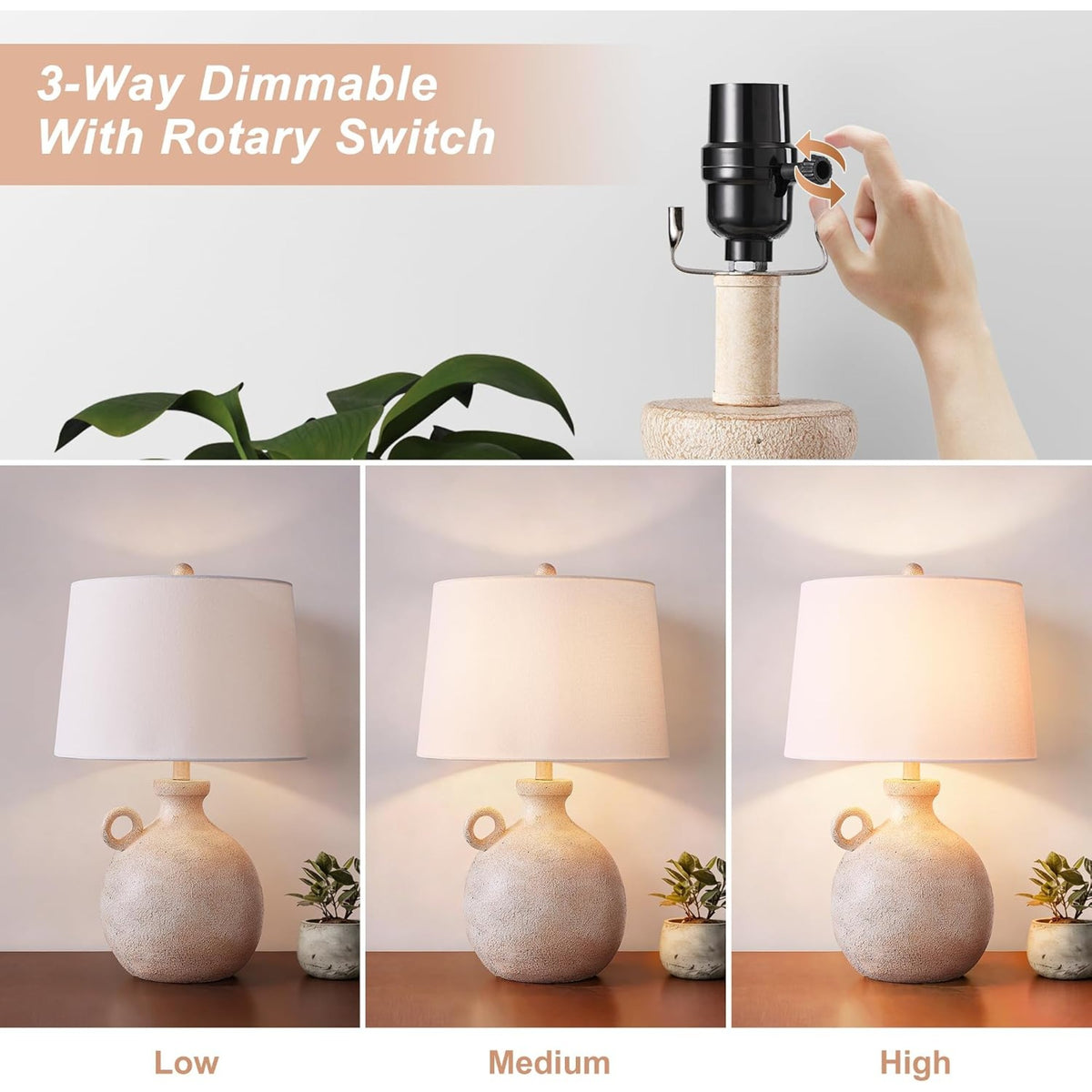 24-Inch Farmhouse Table Lamp, Resin Base, Brown, 3-Way Dimmable