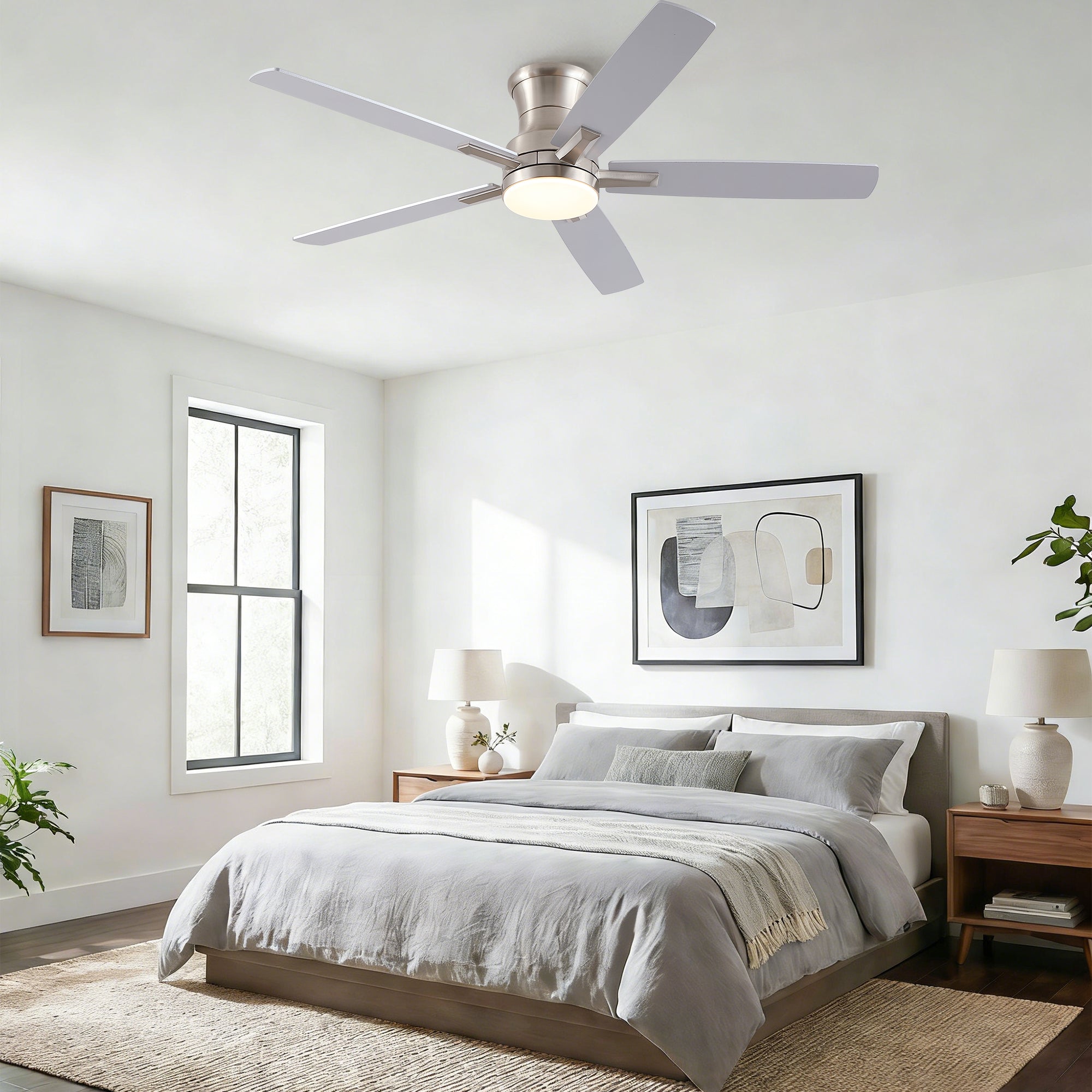 52" Modern Brushed Nickel Flush Mount Ceiling Fan with Light