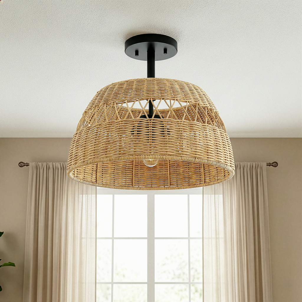 Twinkle Double Lights Semi Flush with Rattan Shade