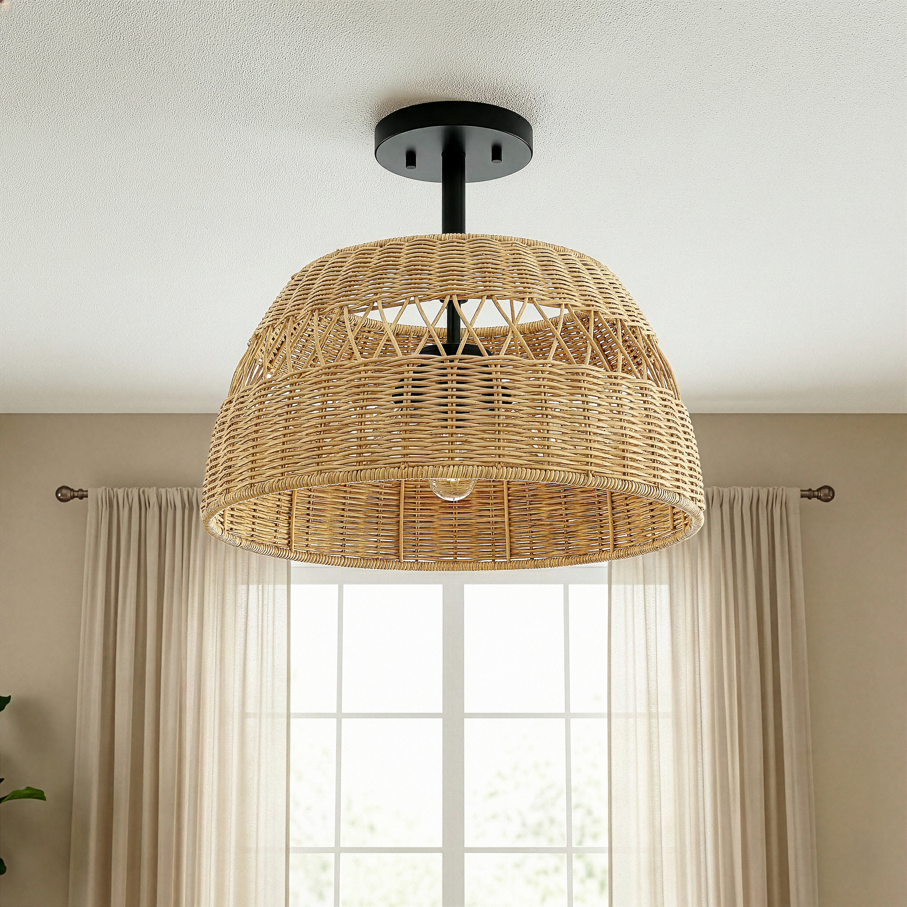 Twinkle Double Lights Semi Flush with Rattan Shade