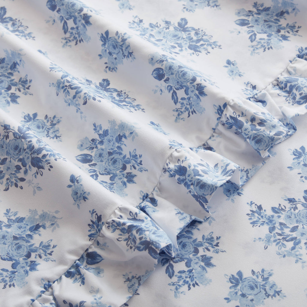 4-Piece King Microfiber Sheet Set, Blue Floral, Ruffled Hem