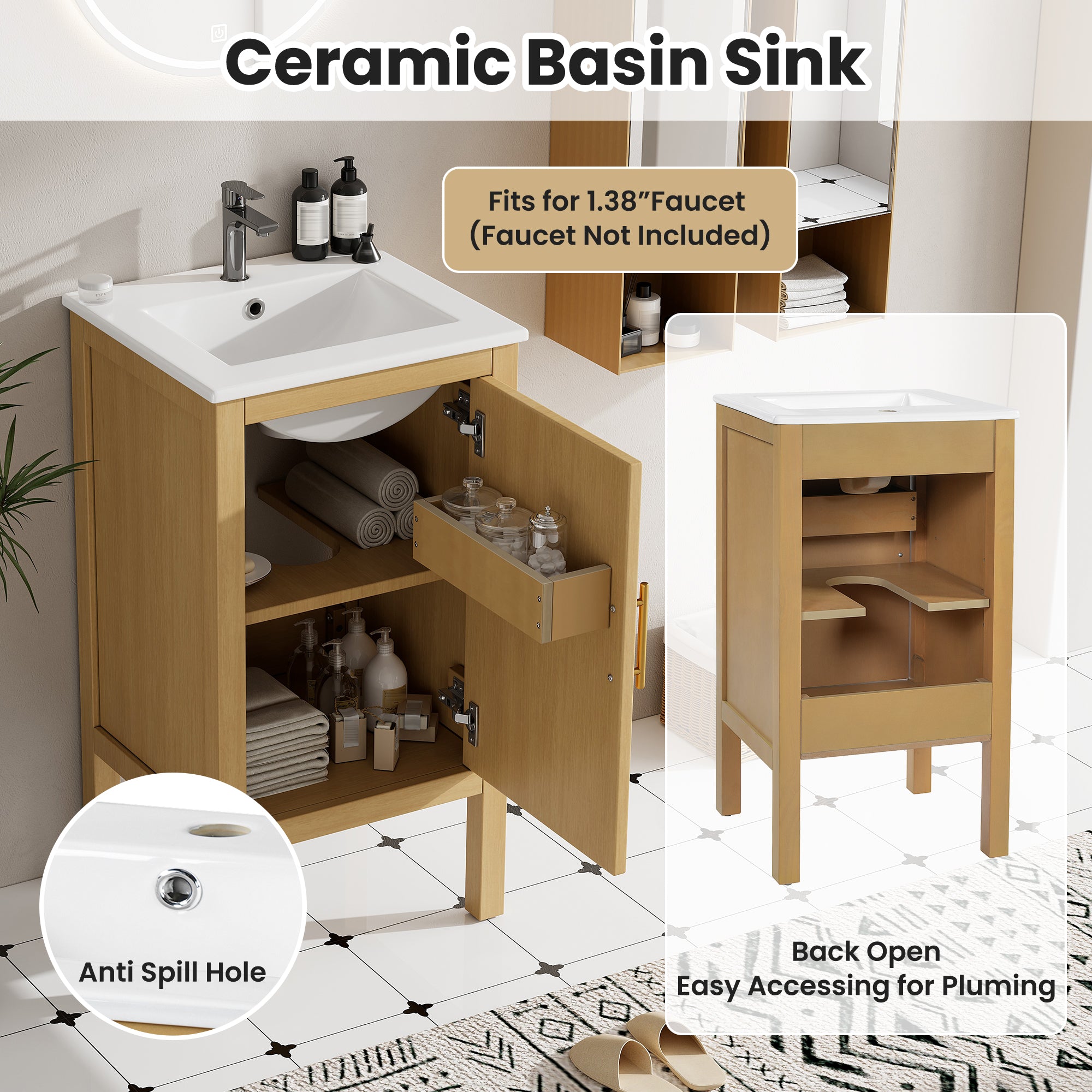 18" Bathroom Cabinet with Storage and Ceramic Sink