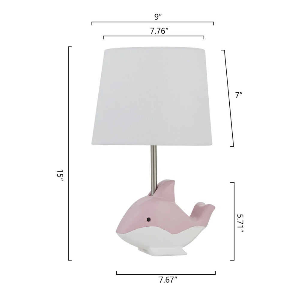 15-Inch Dolphin Resin Table Lamp, Pink, with White Linen Shade