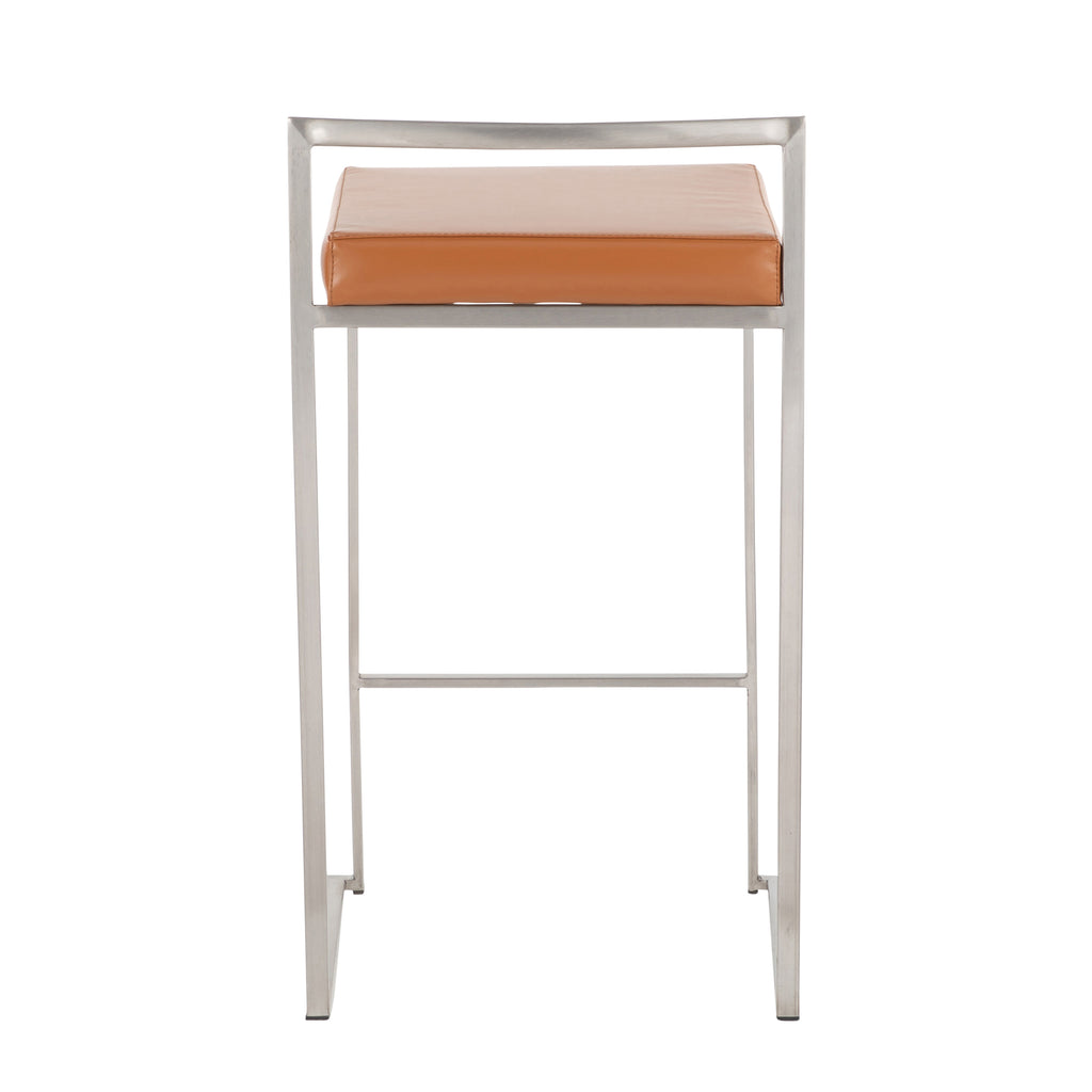 Contemporary Stackable Counter Stool in Stainless Steel with Camel Faux Leather Cushion - Set of 2