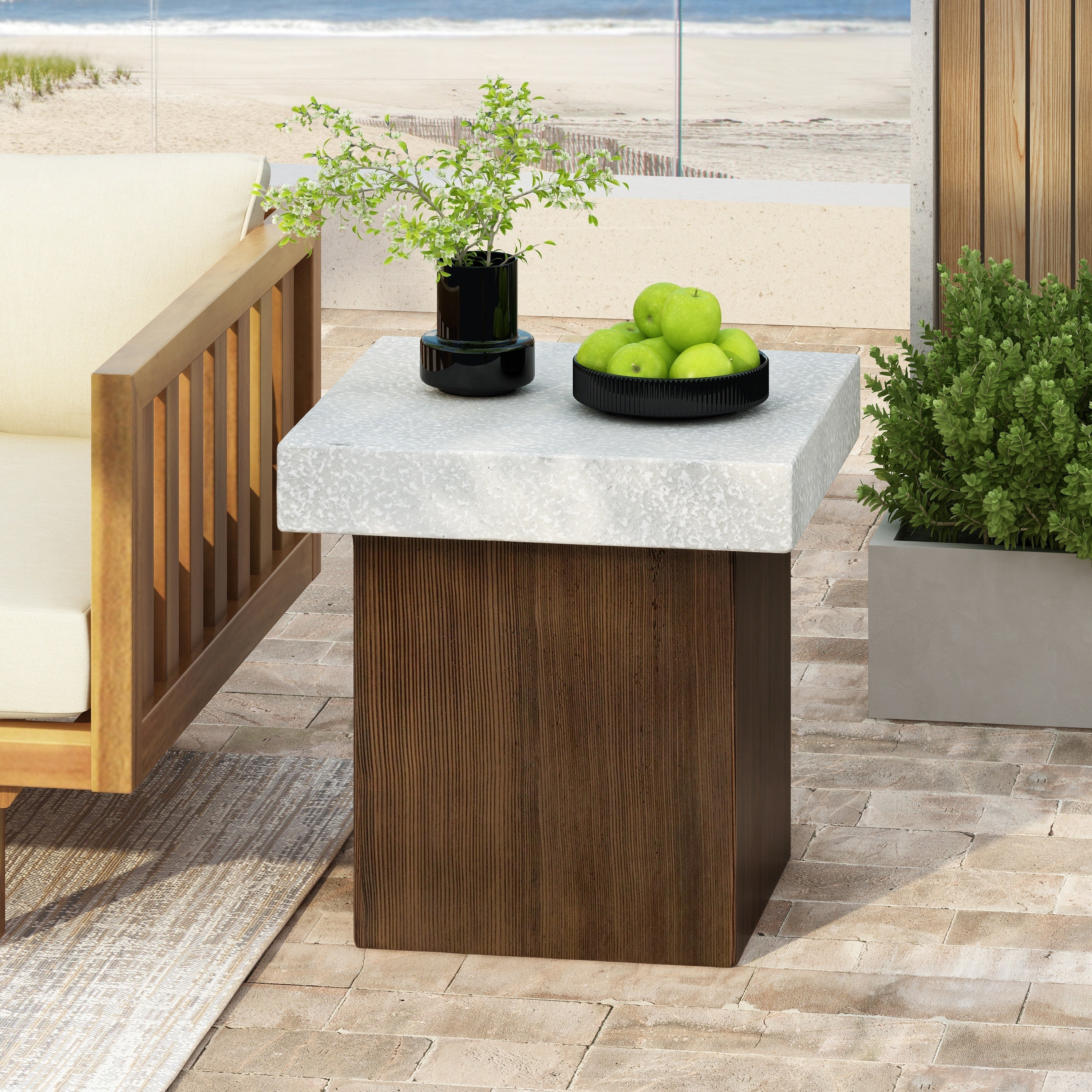 MGO Square Side Table with Faux Stone Top and Wood Frame