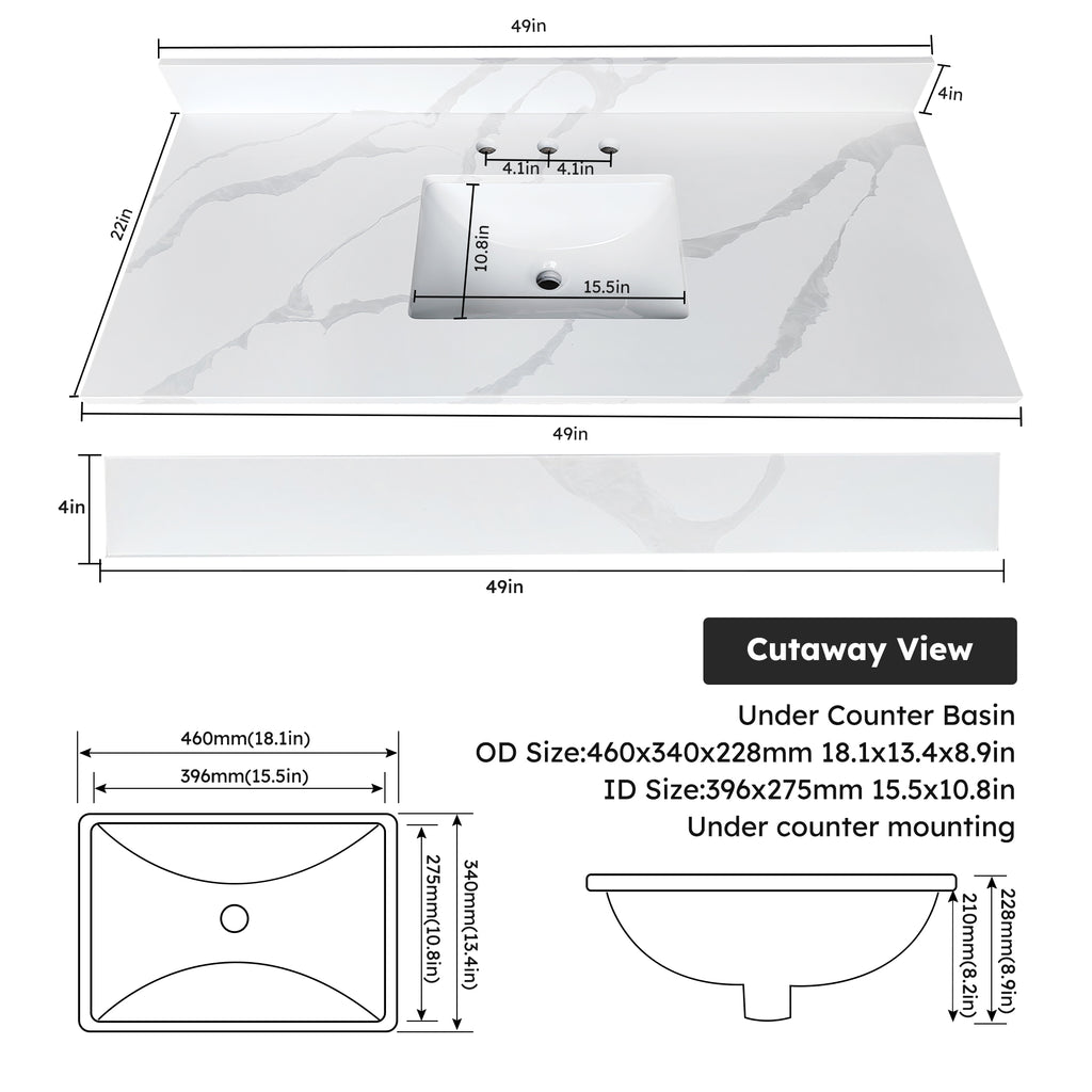 49-Inch Quartz Bathroom Vanity Top with Undermount Sink