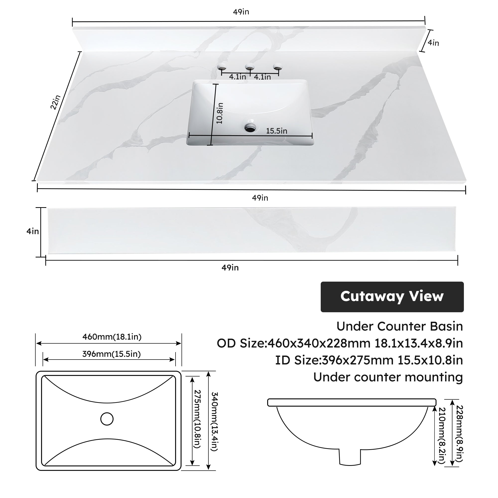 49-Inch Quartz Bathroom Vanity Top with Undermount Sink