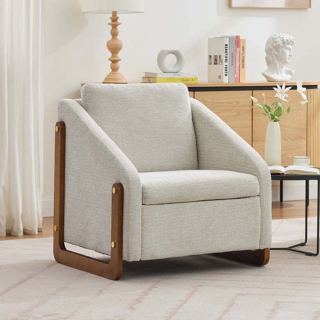 Chenille Fabric Modern Upholstered Armchair with Wooden Side Frame