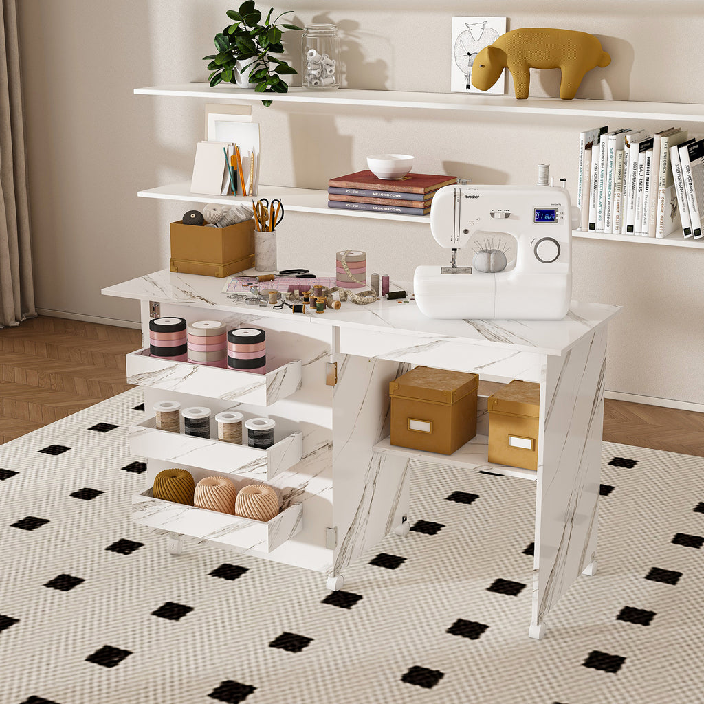 4-in-1 Folding Sewing Table with Lockable Wheels