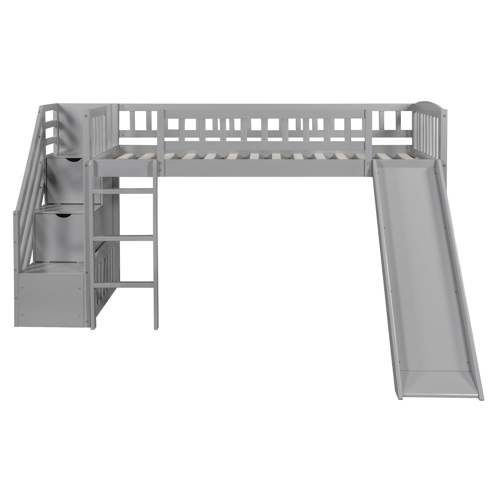 Stairway Twin Size Loft Bed with Two Drawers and Slide, Gray
