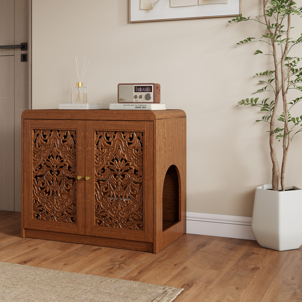 Walnut  Hollow‑Carved Cat Litter Box Enclosure Cabinet, Multi‑Purpose Sideboard with Vent & Large Cat Entry for Living Room & Entryway. Note: Litter box and cat mat not included.