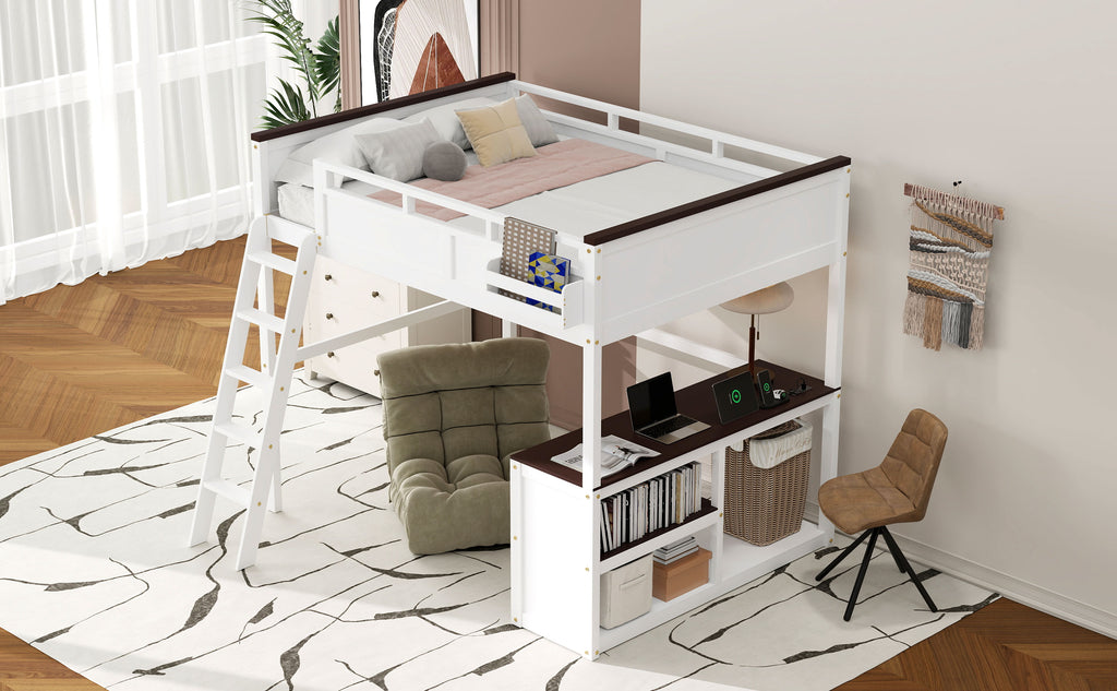 Queen Size Loft Bed With Desk, Open Shelf And Storage Box