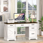 58" Farmhouse Executive Desk with Drawers and File Cabinet