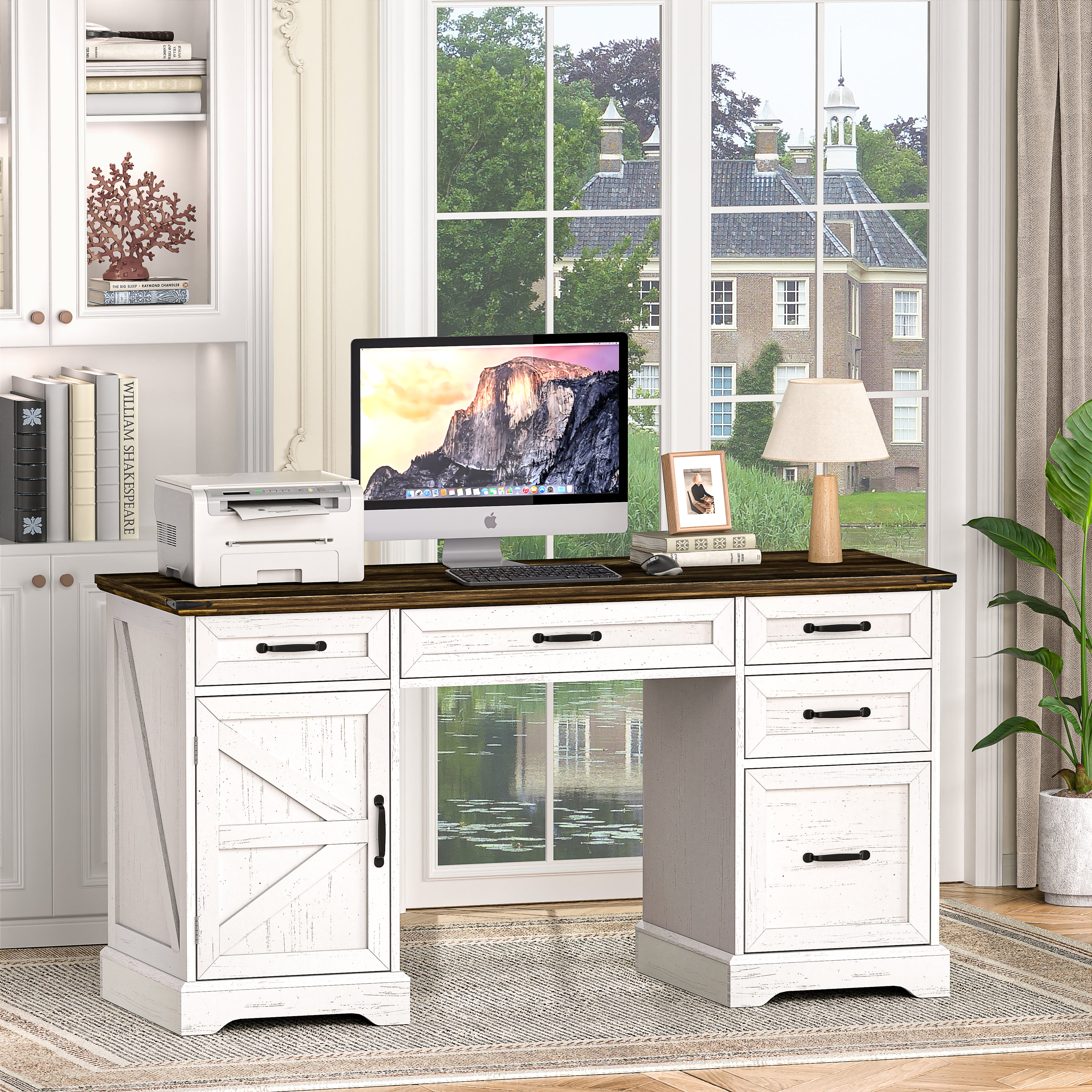 58" Farmhouse Executive Desk with Drawers and File Cabinet