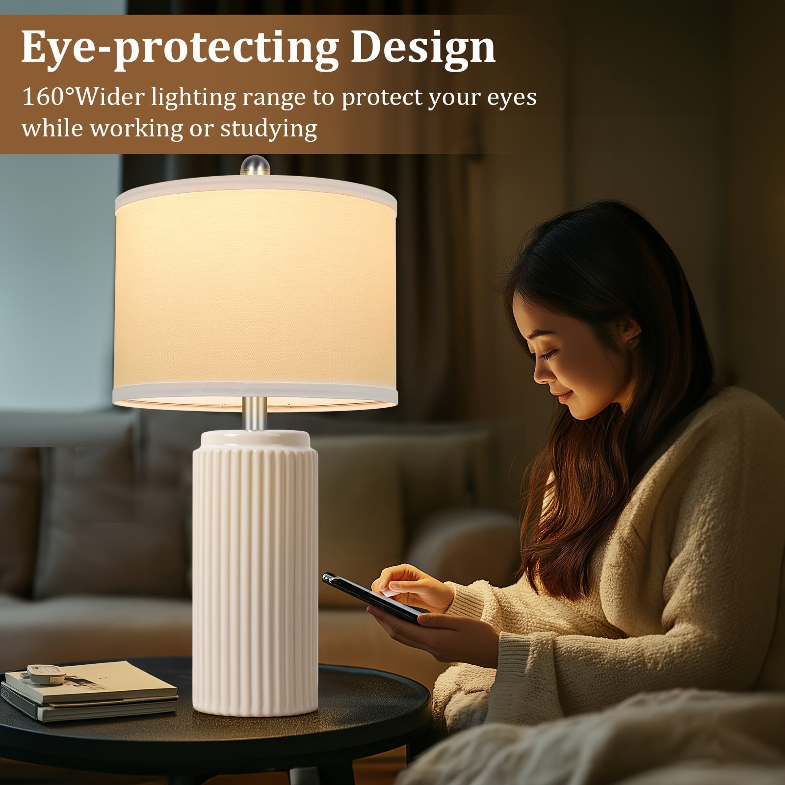 Farmhouse Table Lamps Set of 2 – Ceramic Base Bedside Lamps for Bedroom & Living